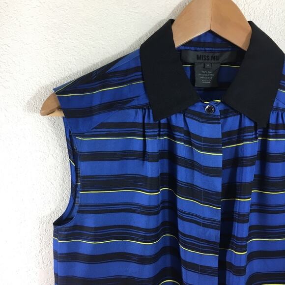 Miss Wu by Jason Wu silk blue black striped blouse - Picture 3 of 8